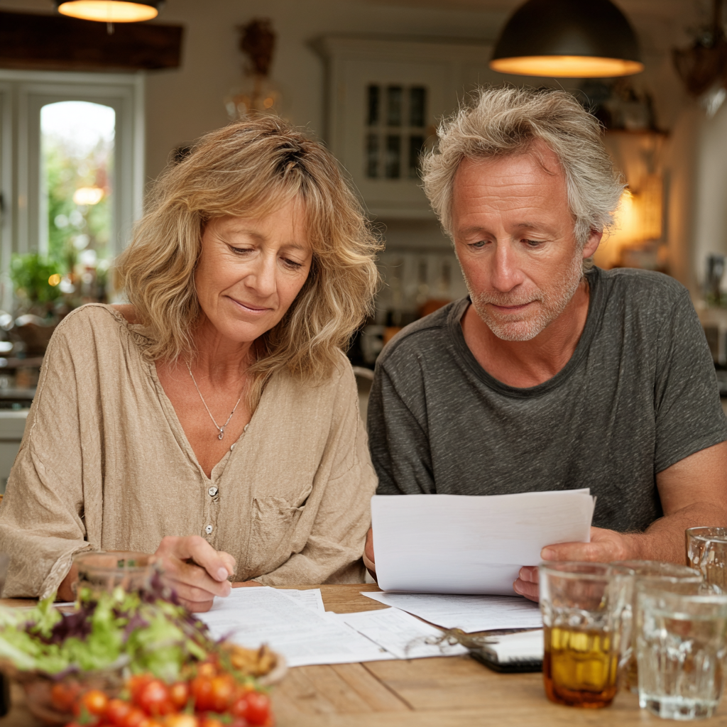 Mature couple in their early fifties sitting together at dining table reviewing documents and meal planning notes, woman with shoulder-length blonde hair and man with grey hair both wearing casual home attire, bright natural lighting from window