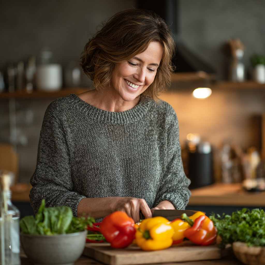 Smiling middle-aged woman in her late forties with short brown hair wearing casual grey sweater preparing fresh vegetables in a modern bright kitchen, holding a wooden cutting board with colorful bell peppers and leafy greens